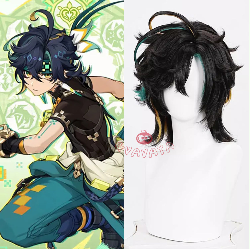 Gvavaya Game Cosplay Genshin Impact Kinich Cosplay Wig 35cm Black Yellow Green Wig