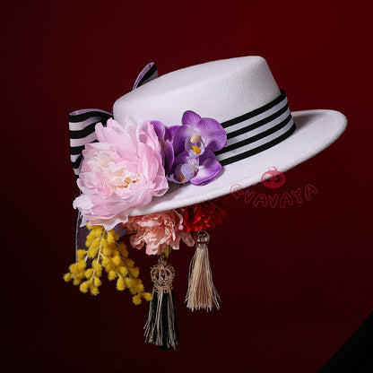Gvavaya Anime Cosplay BB Cosplay Ciel White Floral Hat Striped Formal Dress Cosplay Costume