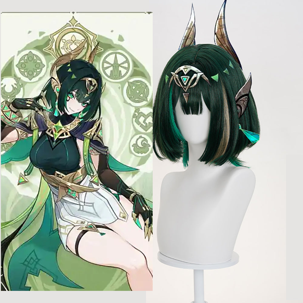 Gvavaya Game Cosplay Genshin Impact Nefer Cosplay Wig 35cm Black Green Wig