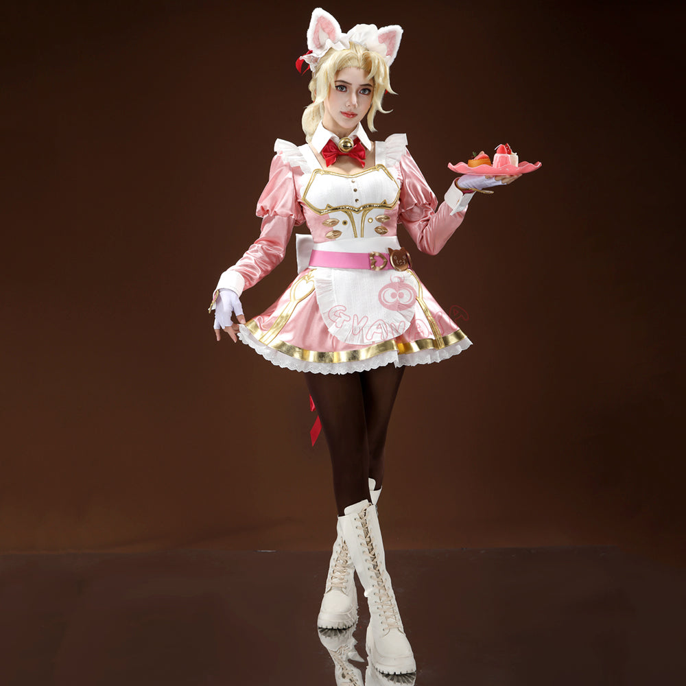Gvavaya Game Cosplay Ashe Pink Cat Cafe Maid Cosplay Costume