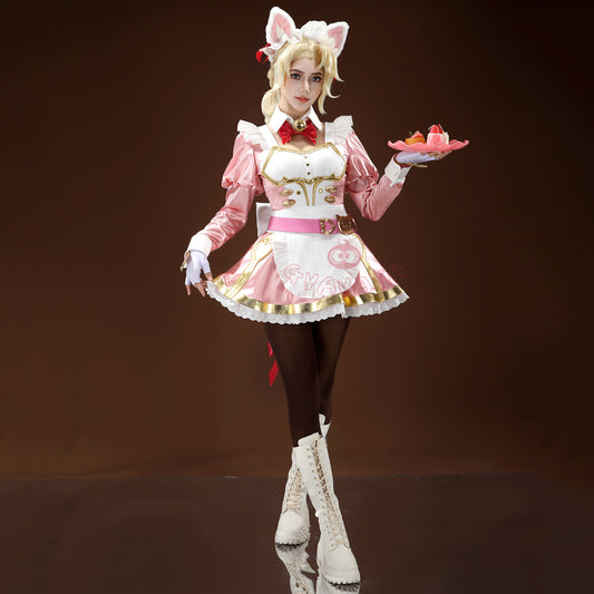 Gvavaya Game Cosplay Ashe Pink Cat Cafe Maid Cosplay Costume
