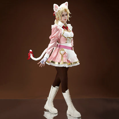 Gvavaya Game Cosplay Ashe Pink Cat Cafe Maid Cosplay Costume