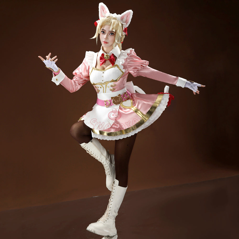 Gvavaya Game Cosplay Ashe Pink Cat Cafe Maid Cosplay Costume