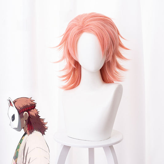 Gvavaya Anime Cosplay Demon Slayer: Kimetsu no Yaiba Sabito Cosplay Wig Pink Orange 38cm Hair