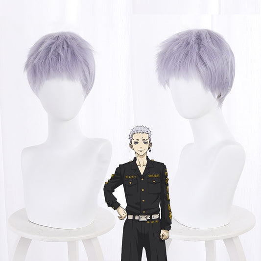 Gvavaya Anime Cosplay Tokyo Revengers Mitsuya Takashi 32cm Mixed Gray Purple Cosplay Wig