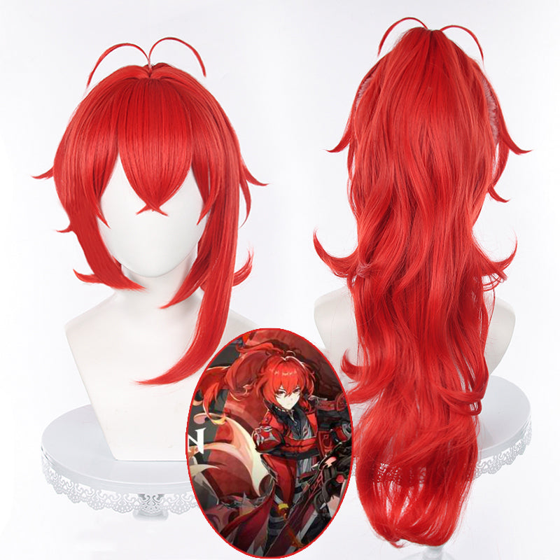 Gvavaya Game Cosplay Genshin Impact Diluc Red Dead of Night Skin Cosplay Wig Red 70cm Long Hair