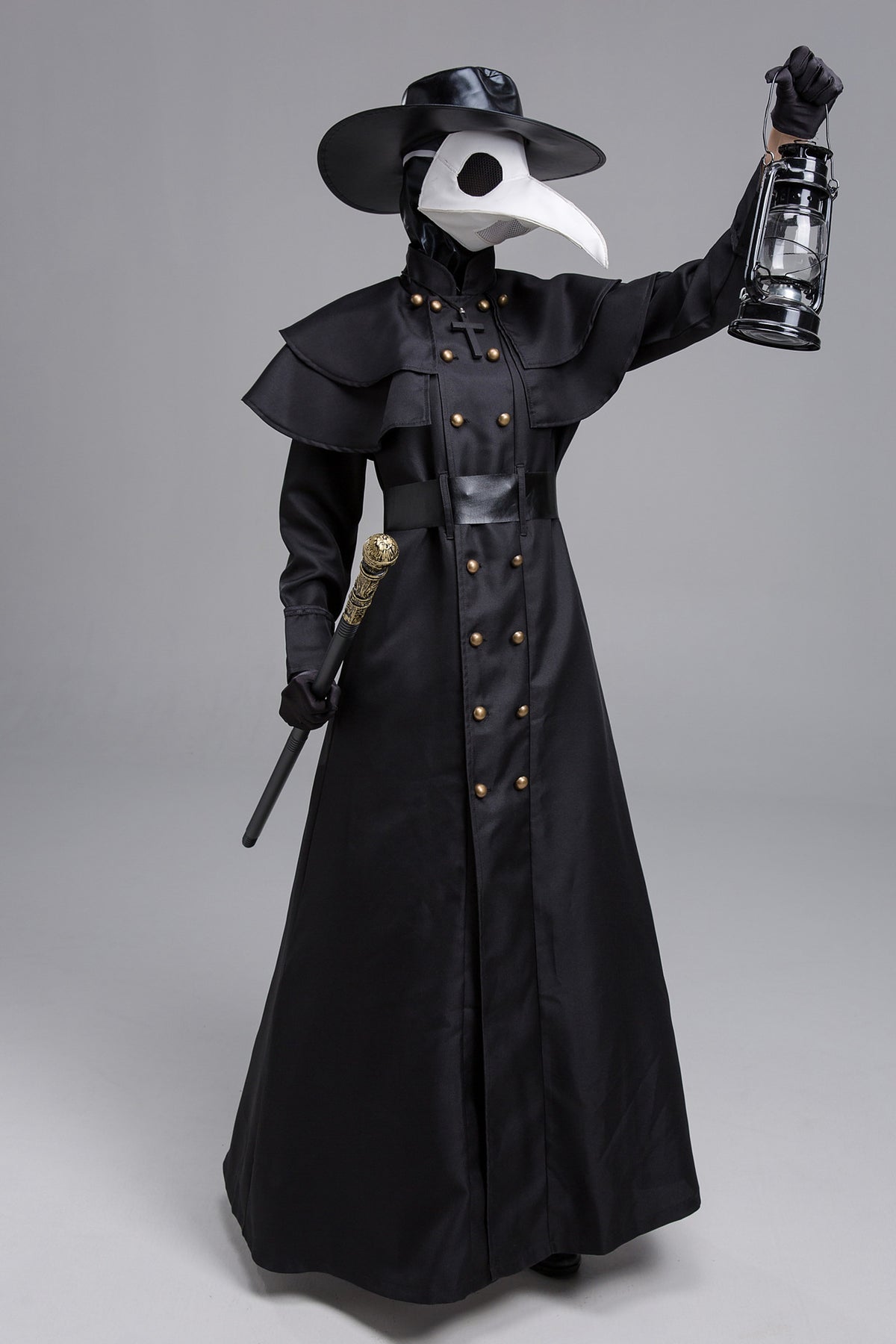 Costume Médecin De La Peste Complet Steampunk - Masque Corbeau, Cape Noire Capuche, Canne, Gants Et Accessoires Halloween